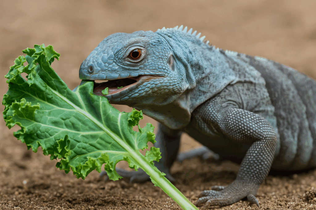 ブルーイグアナがケールを食べるシーン